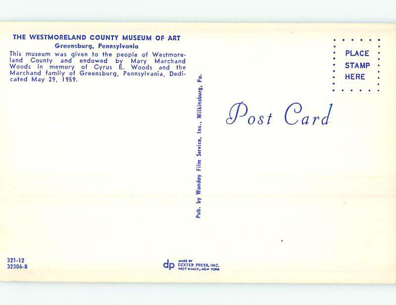 Unused Pre-1980 WESTMORELAND MUSEUM OF ART Greensburg Pennsylvania PA Q8580