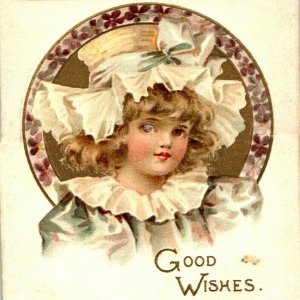 c1890s Raphael Tuck Happy Birthday Folding Die Cut Cute Girl Hat Trade Card C15