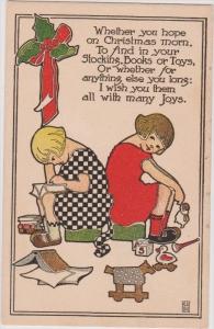 LP76    Christmas, vintage postcard,  Children, reading, 