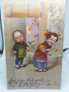 Vintage Postcard Japanese Children Reading Letter Signed Colombo Posted 1926