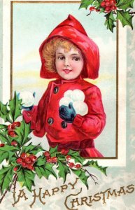 C. 1910 Adorable Girl In Red Snowball Fight Christmas Vintage Postcard P215