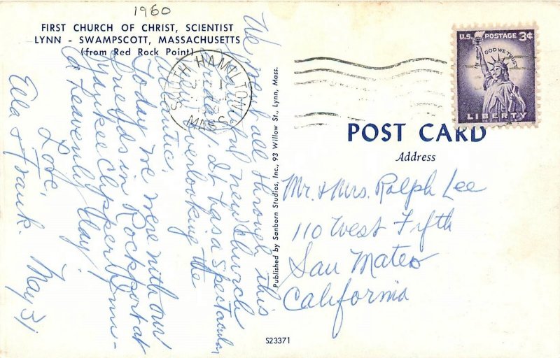 1950s Swampscott Massachusetts 1st Church of Christ Religious Postcard 25-11656