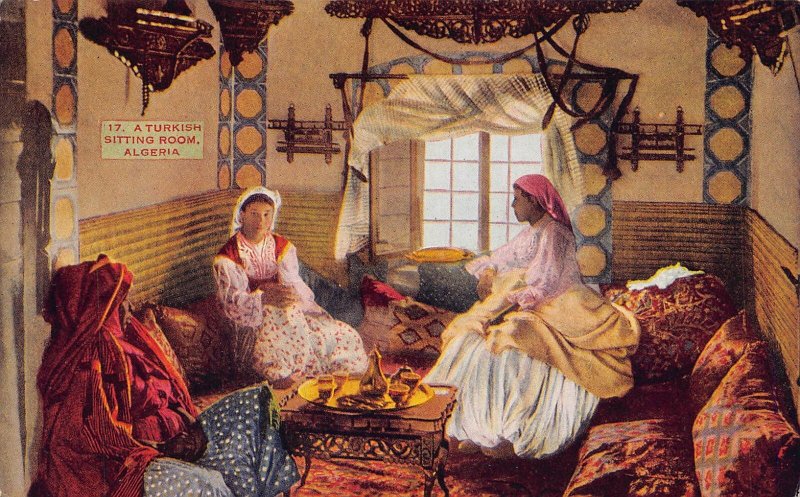 Turkish Woman at Home Sitting Room Algeria 1910c postcard
