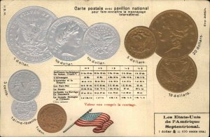 United States Etats Unis Currency Coins Embossed c1910 Vintage Postcard