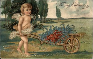 Valentine's Day Cupid Wheelbarrow Gilt Embossed c1900s-10s Postcard