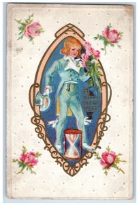 1915 New Year Boy With Roses Flowers Hourglass Embossed Chicago IL Postcard 