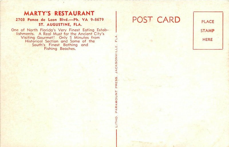 St. Augustine Florida 1950s Postcard Marty's Restaurant