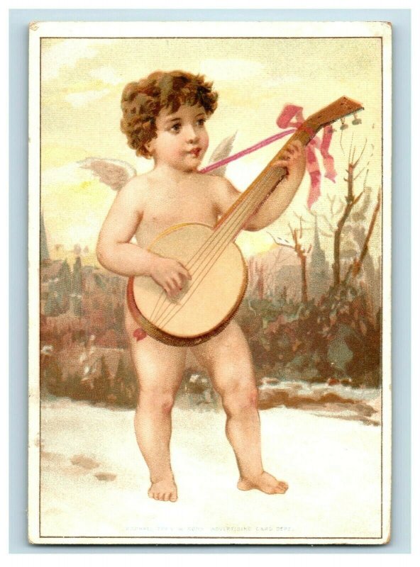 1880s-90s Raphael Tuck Cherub Angel Playing Banjo Winter Scene Fab! P220