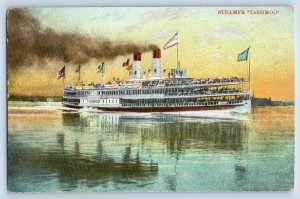 Postcard Steamer Tashmoo Leaving Dock Passenger Flags Scene c1910's Antique
