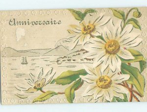 Pre-1907 foreign BEAUTIFUL LARGE DAISY FLOWERS AT THE LAKE HL7299