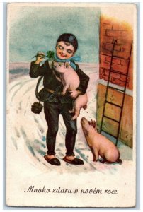 New Year Postcard Boy With Piglet Czech Republic c1910's Posted Antique