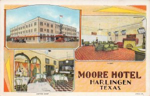 HARLINGEN TEXAS MOORE HOTEL-LOBBY-COFFEE SHOP-RATES $1.50-3.00~1920s POSTCARD