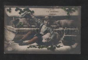 3072814 Charming Boy w/ PIGS vintage PHOTO Tinted NEW YEAR RPPC