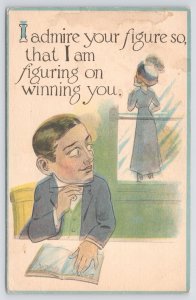 Greetings~Boy Looking At Woman Through Window I Admire Your Figure~1913 Postcard 