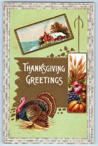 Thanksgiving Postcard Greetings Turkey Fruits Embossed c1910's Unposted Antique