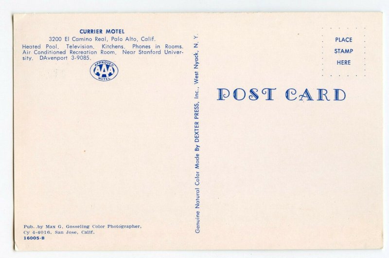 Postcard Currier Motel Palo Alto California Swimming Pool Standard View Card