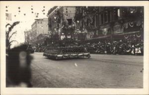 Parade Float - Los Angeles Written on Back Stores Bldgs Real Photo Postcard