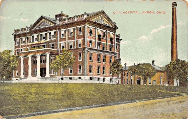 AKRON OHIO CITY HOSPITAL POSTCARD 1908 POSTMARK MYERSVILLE OHIO