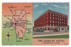 Jacksonville, Illinois, View of The Dunlap Hotel & Map, 1946