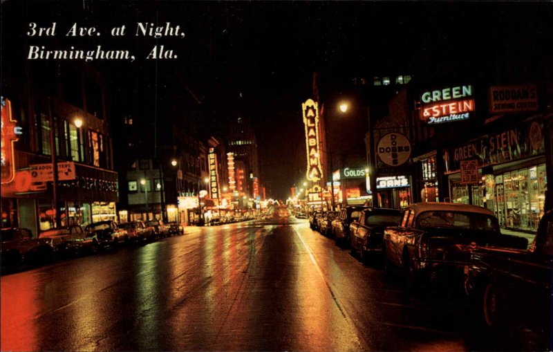 Birmingham Alabama AL 3rd Ave at Night Neon Signs Vintage Postcard