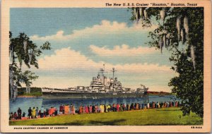 The New USS Cruiser Houston Texas Linen Postcard C087