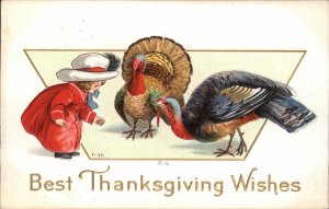 Thanksgiving Little Girl Feeding Beautiful Turkeys c1910 Vintage Postcard