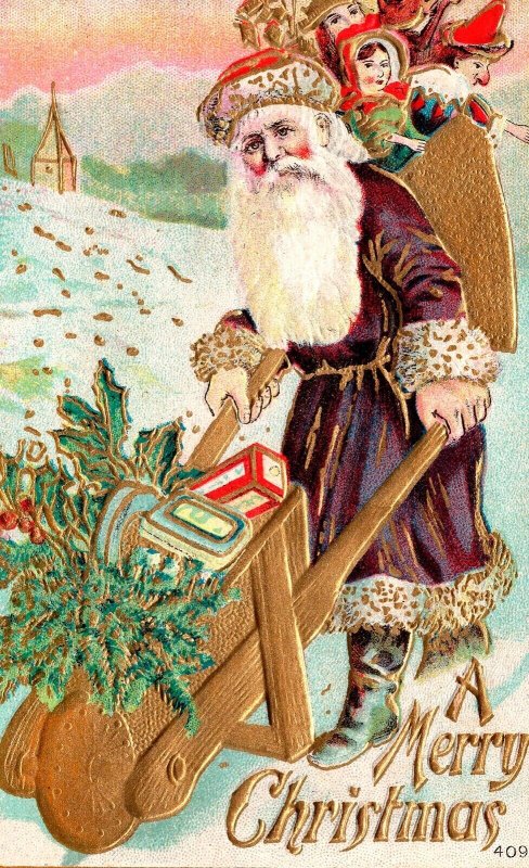Vintage 1910's Santa In Purple Robe & Wheel Barrow & Toy Bags Christmas Postcard