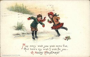 Antique Postcard CHRISTMAS A/s FRANCES BRUNDAGE Girl and Boy SNOWBALL FIGHT
