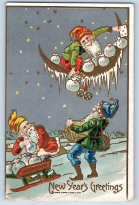 Minneapolis MN Postcard New Year Greetings Elf Gnomes Sack Of Coins Crescent