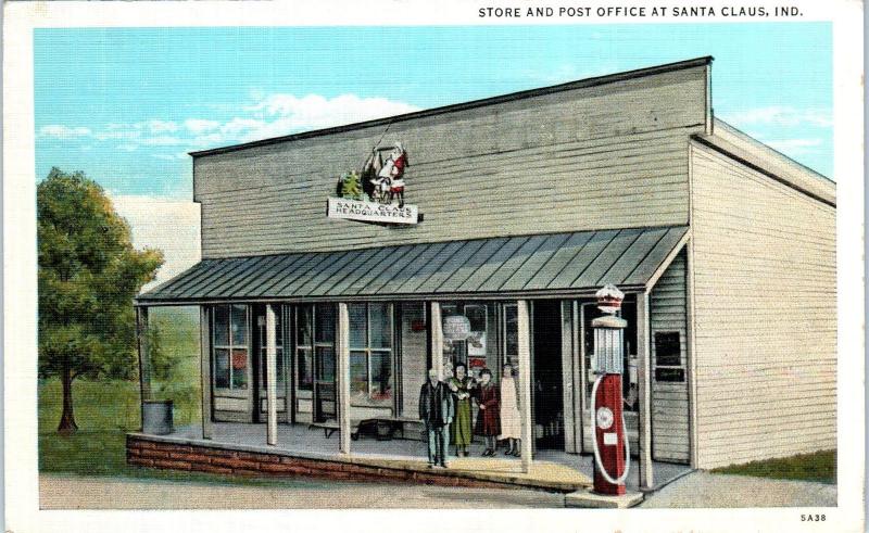 SANTA CLAUS, IN Indiana  STORE,  POST OFFICE  Gas Pump c1930s Roadside  Postcard 