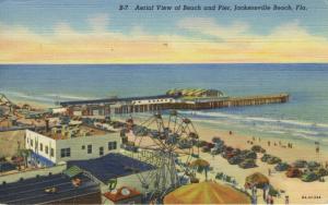 Jacksonville Beach FL Florida Aerial View Beach Pier c1942 Linen Postcard D21