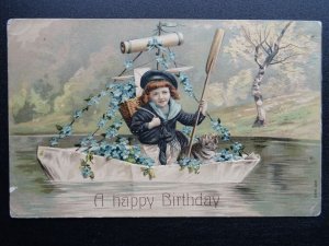 Greeting Navy Theme HAPPY BIRTHDAY in Paper Boat & Kitten 1910 Embossed Postcard