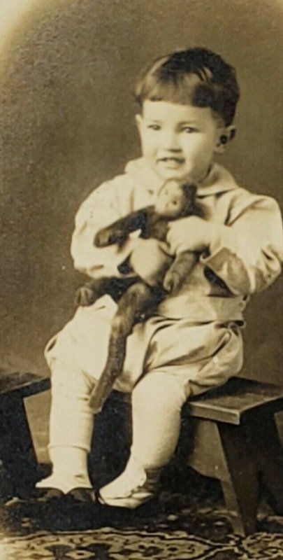 RPPC Boy with stuffed Monkey Poses for Photo c1915 Postcard F11