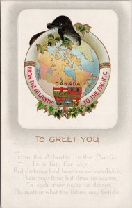 Patriotic Canada To Greet You Beaver Map Atlantic to Pacific Unused Postcard H56
