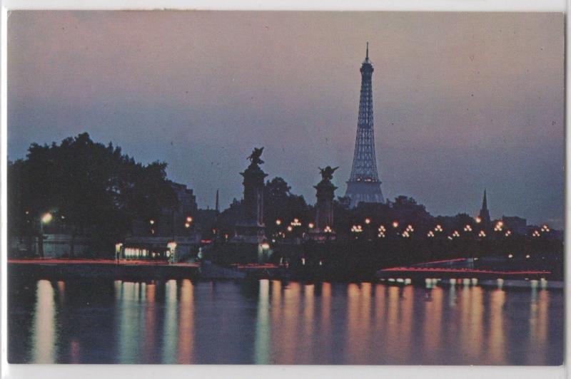 Pan Am Panam Airlines Issued Paris France Eiffel Tower at Night Postcard