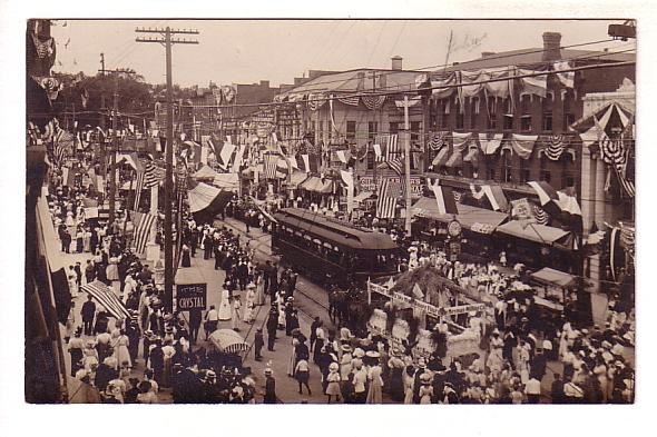 Real Photo, 1909 Homecoming Week, Flags, Trolley Main Street, 1909 Norwalk, Ohio