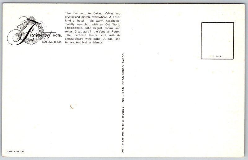 Dallas Texas 1960s Postcard Velvet Crystal And Marble Lobby Fairmont Hotel