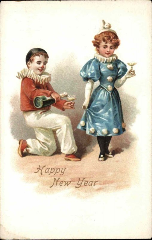 New Year Clown Harlequin and Columbine c1910 Vintage Postcard