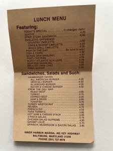 Vintage 80s The Rusty Scupper Lunch & Dinner Menu Baltimore Maryland  