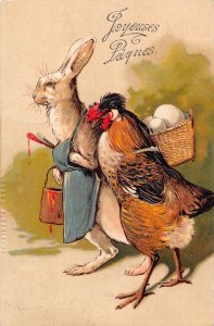 Easter Humanized Rabbit Painter Chicken Egg Basket 1907 embossed postcard B921