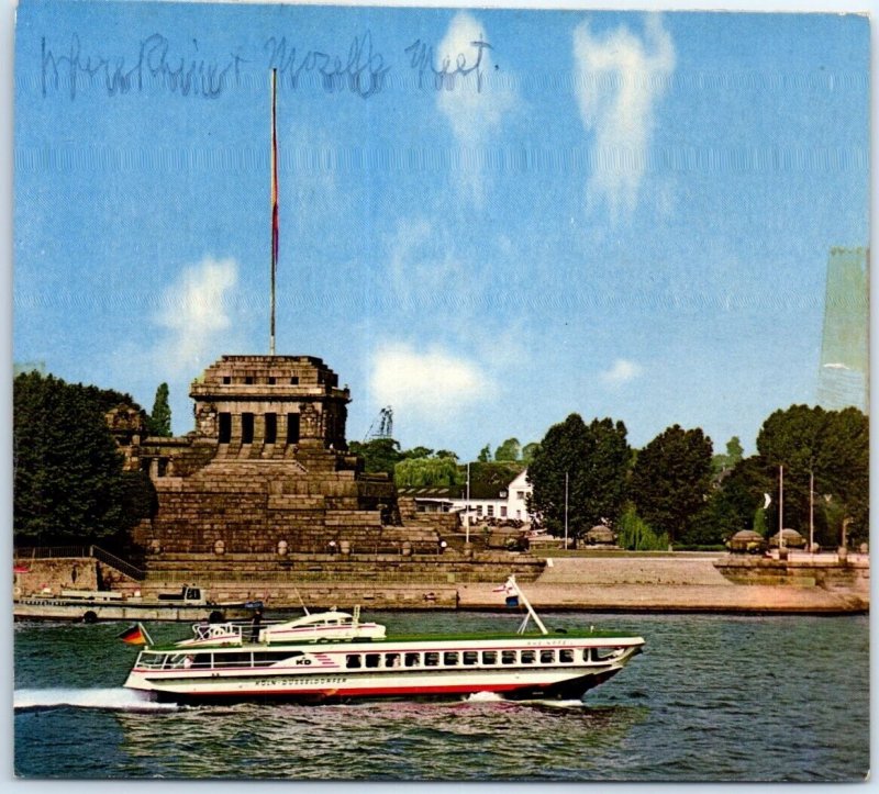 Postcard - Deutsches Eck with hydrofoil Rheinpfeil in front of it - Germany