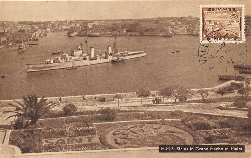 HMS Sirius British Navy Light Cruiser Warship Grand Harbour Malta 1948postcard