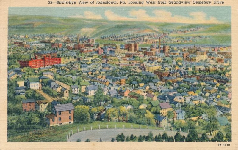 Johnstown PA, Pennsylvania - Bird's Eye View looking West - Linen