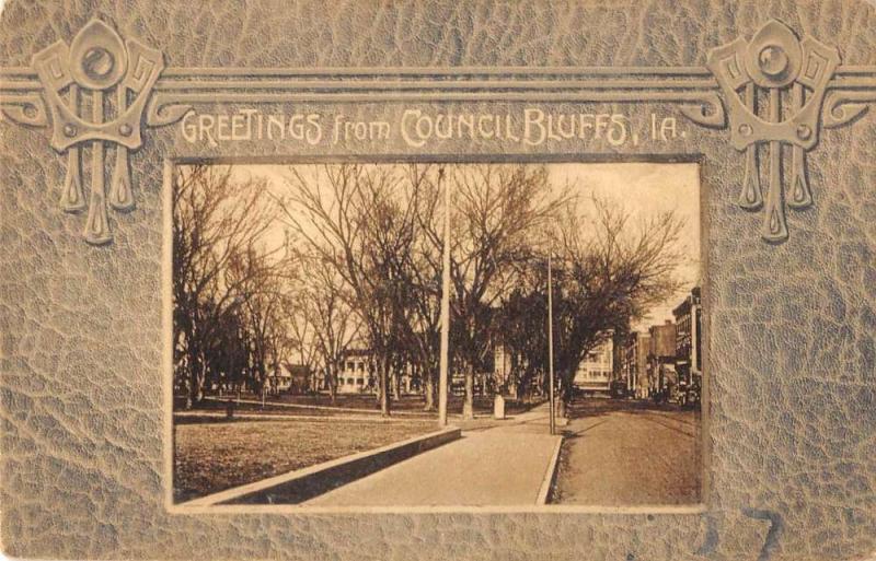 Council Bluffs Iowa Street Scene Greeting Antique Postcard K83058