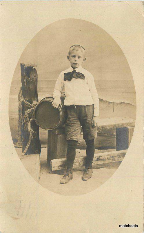 1908 Long Branch New Jersey Boy Seashore Backdrop Van Tine RPPC real photo 8880