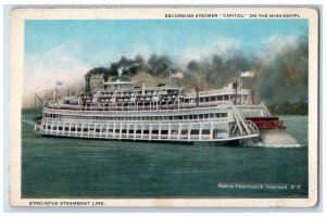 c1930's Excursion Steamer Capitol On Mississippi, Steamboat At Line Postcard 