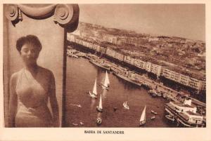 Santander Spain Bahia Harbor View Ships Woman Antique Postcard J79318