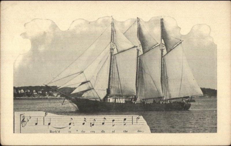 Tall Schooner Ship & Sheet Music Casco Bay? c1910 Postcard