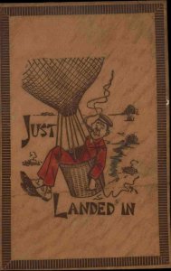 Real Leather Novelty Comic Drunk Man in Hot Air Balloon c1905 Postcard