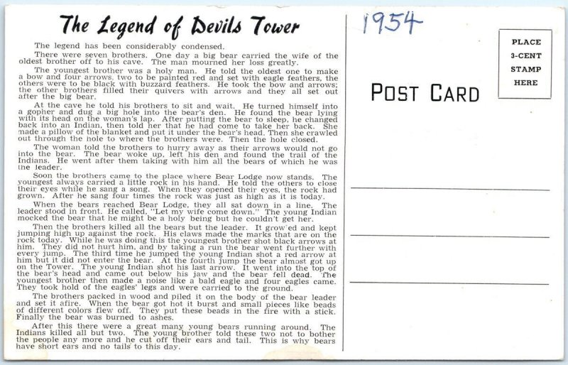 c1954 Devils Tower WY Legend Bear Native American Story History Chrome Lg PC M28
